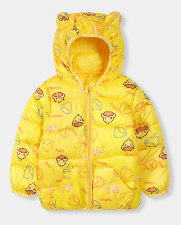 Yellow Printed Puffer Jacket For Baby Boys & Girls